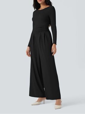 NWT Halara Black Easy Peezy Boat Neck Wide Leg Jumpsuit With Pockets Size Medium